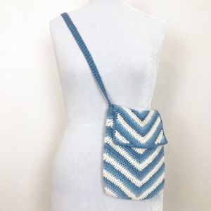 Crossbody Bag Crochet Cotton Blue + White Cute Boho Festival Hippy